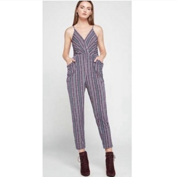 BCBGeneration striped draped pocket purple black jumpsuit